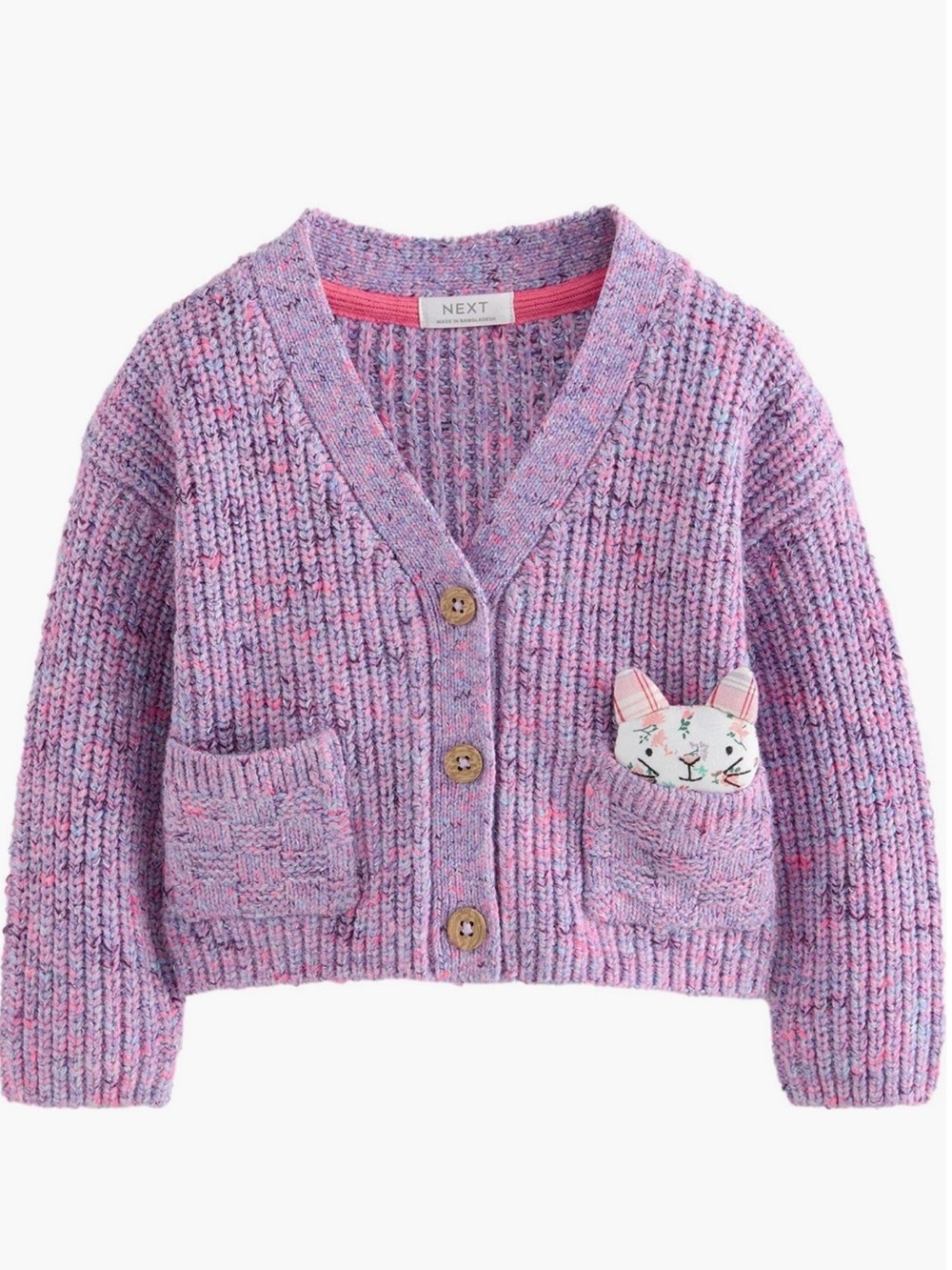 NEXT Girls Marled Knit Cardigan Pocket Kitten Pink Purple 6-7Y | NWOT